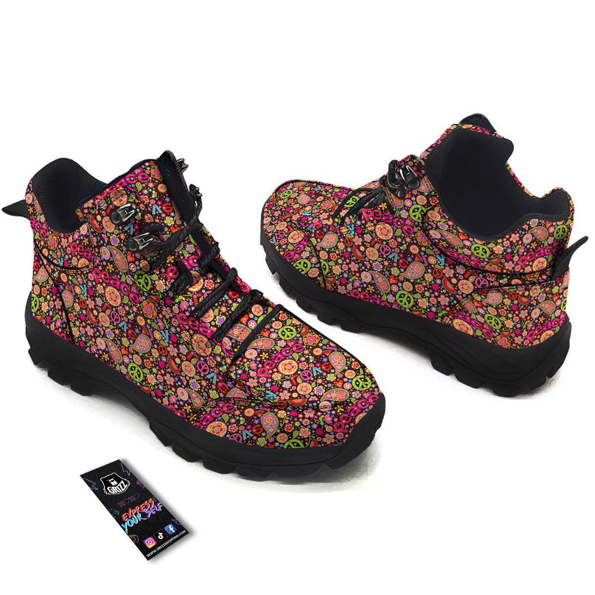 Hippie Sign Peace Flower Print Pattern Hiking Shoes-grizzshop