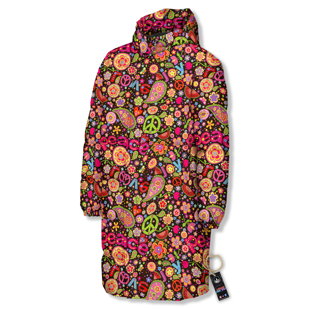 Hippie Sign Peace Flower Print Pattern Long Down Jacket-grizzshop