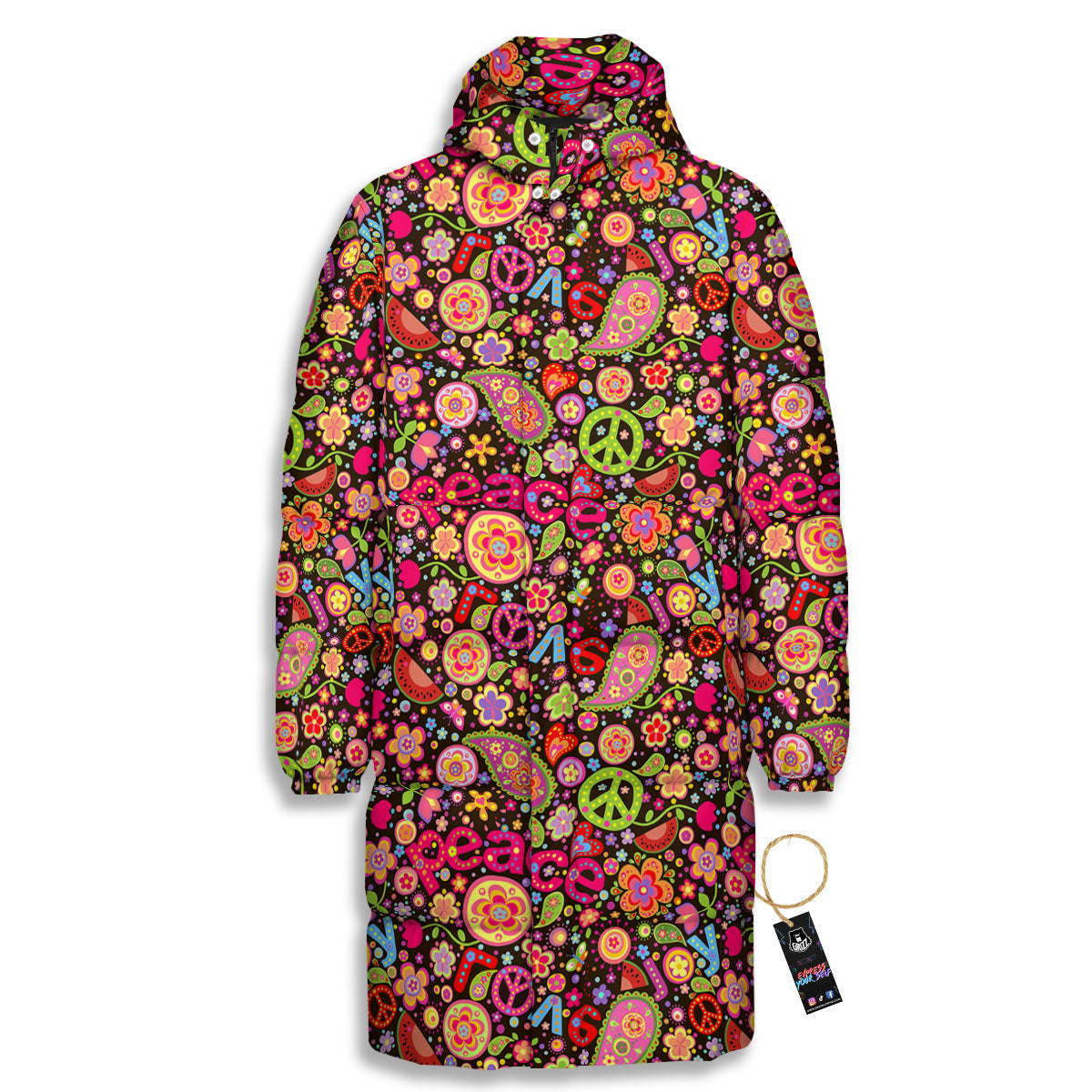 Hippie Sign Peace Flower Print Pattern Long Down Jacket-grizzshop