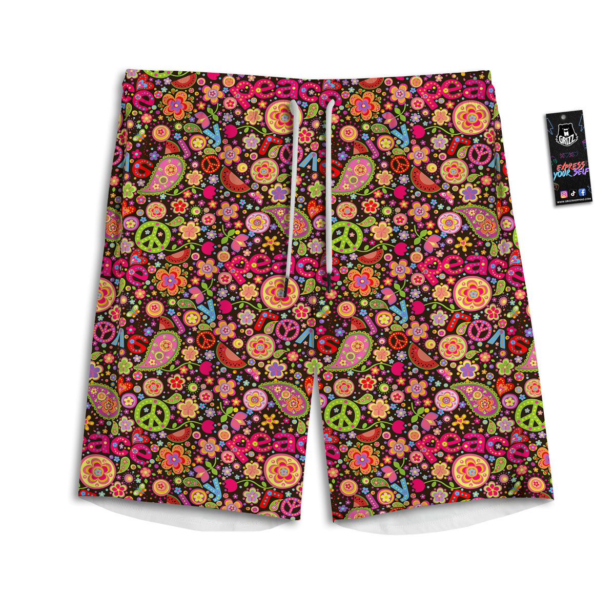 Hippie Sign Peace Flower Print Pattern Men's Athletic Shorts