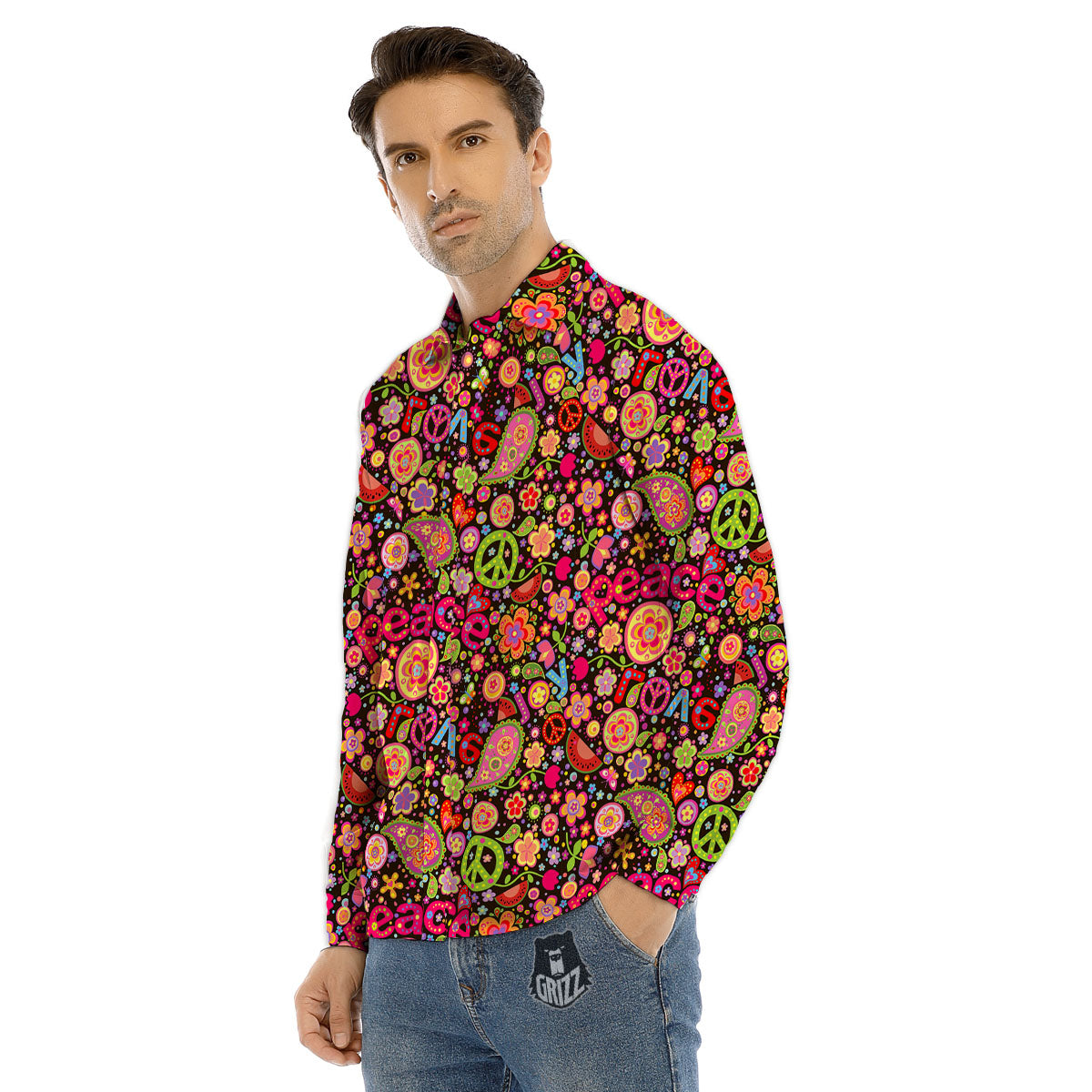 Hippie Sign Peace Flower Print Pattern Men's Dress Shirts-grizzshop