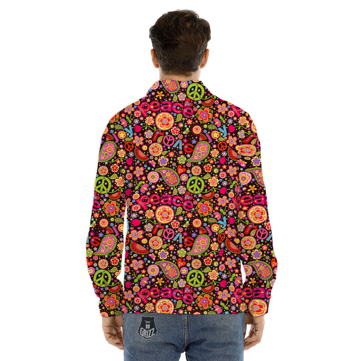 Hippie Sign Peace Flower Print Pattern Men's Dress Shirts-grizzshop