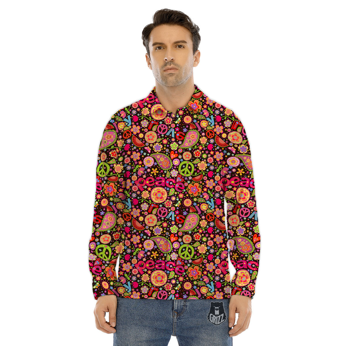 Hippie Sign Peace Flower Print Pattern Men's Dress Shirts-grizzshop
