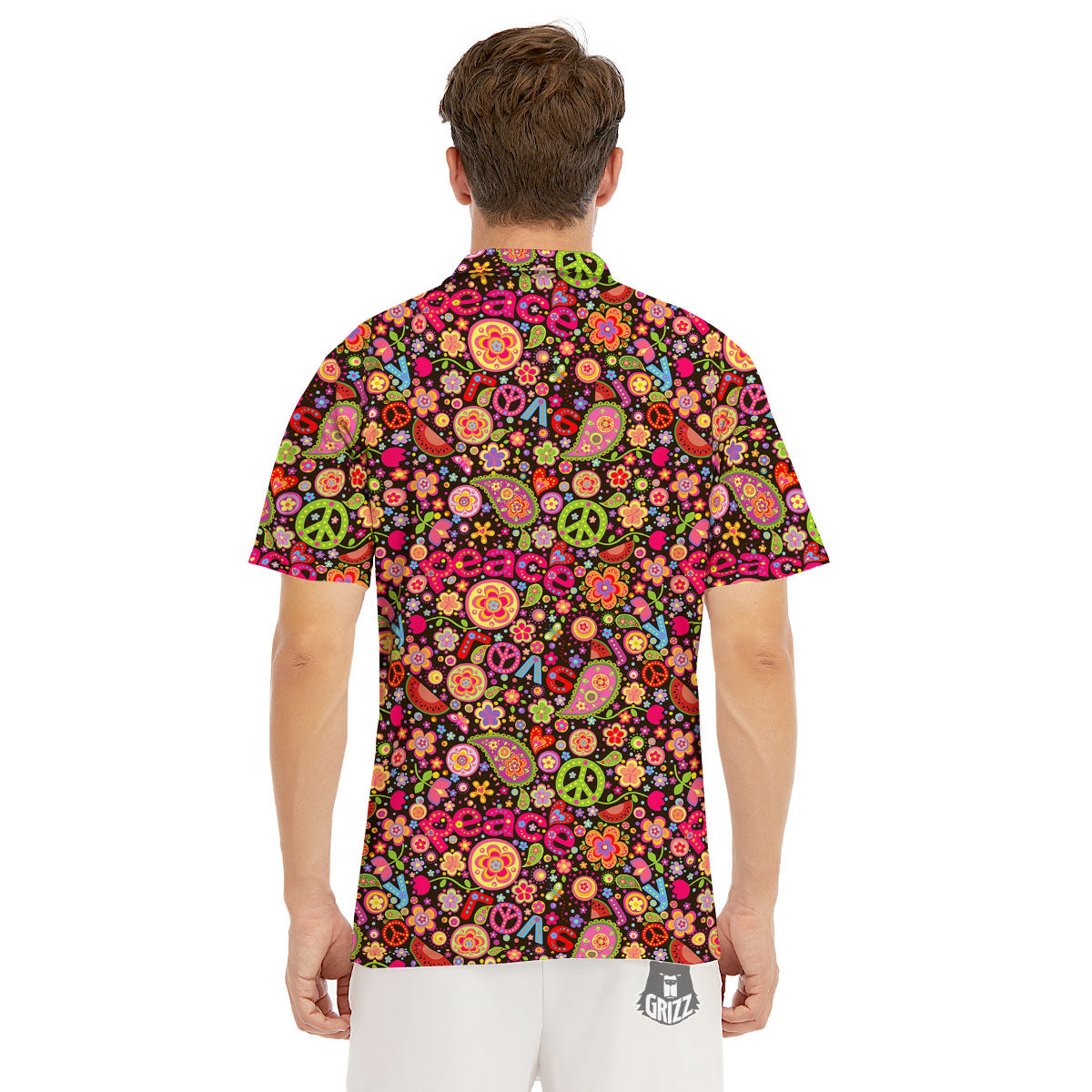 Hippie Sign Peace Flower Print Pattern Men's Golf Shirts-grizzshop