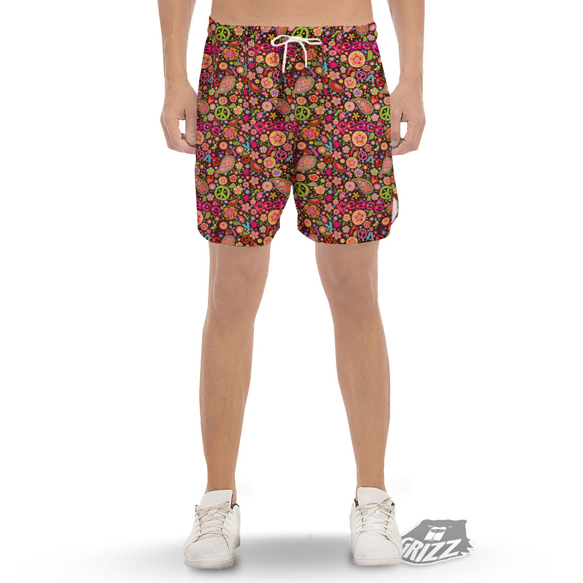 Hippie Sign Peace Flower Print Pattern Men's Gym Shorts-grizzshop
