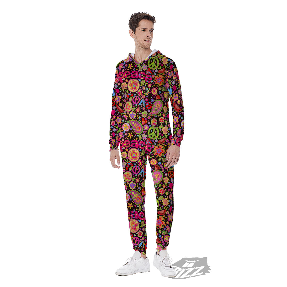 Hippie Sign Peace Flower Print Pattern Men's Jumpsuit-grizzshop