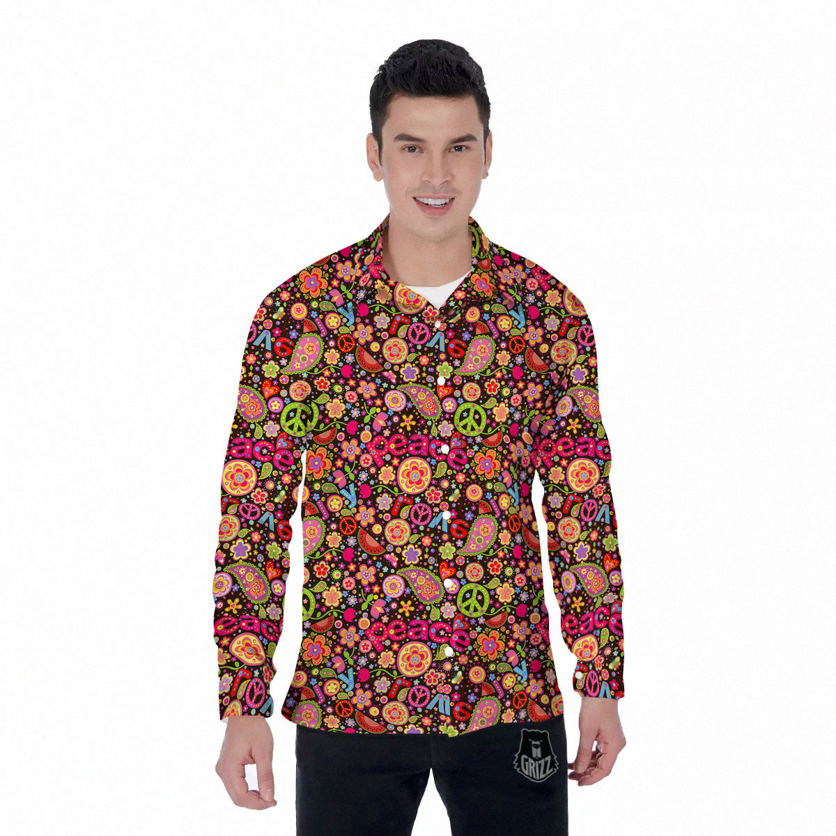 Hippie Sign Peace Flower Print Pattern Men's Long Sleeve Shirts-grizzshop