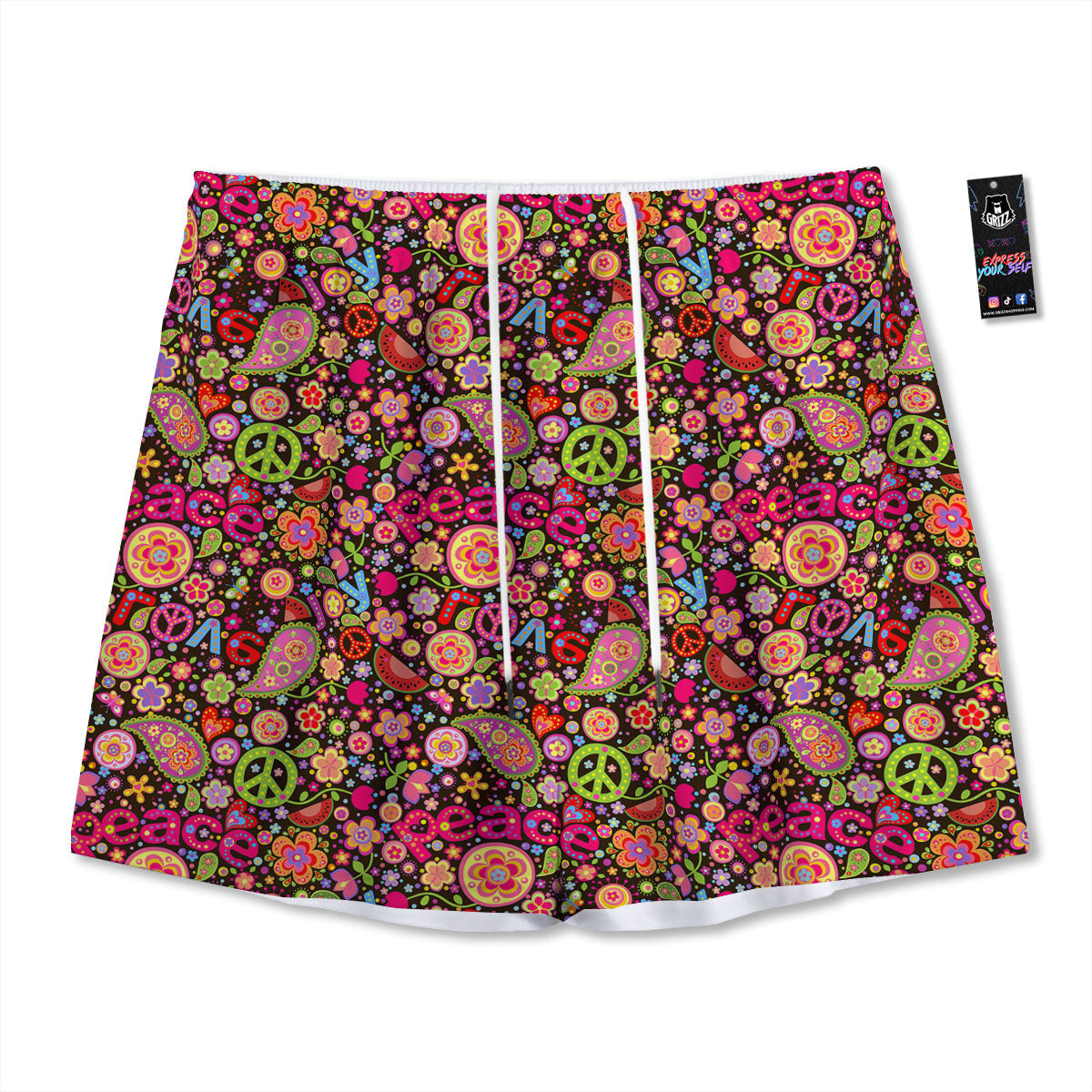 Hippie Sign Peace Flower Print Pattern Mesh Shorts