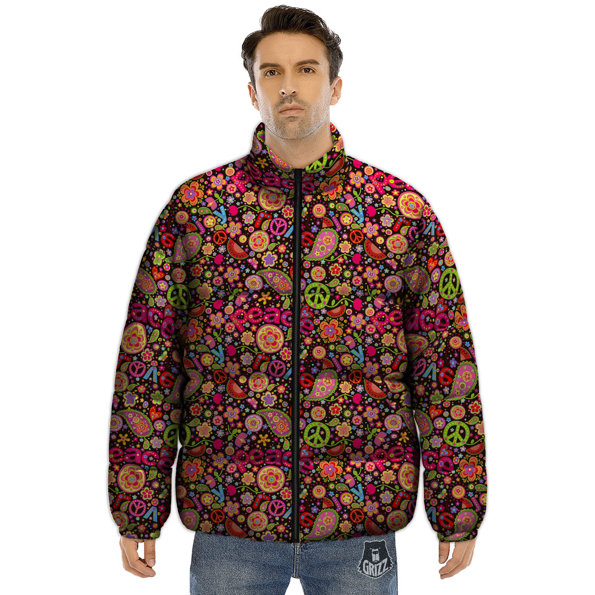 Hippie Sign Peace Flower Print Pattern Puffer Jacket-grizzshop