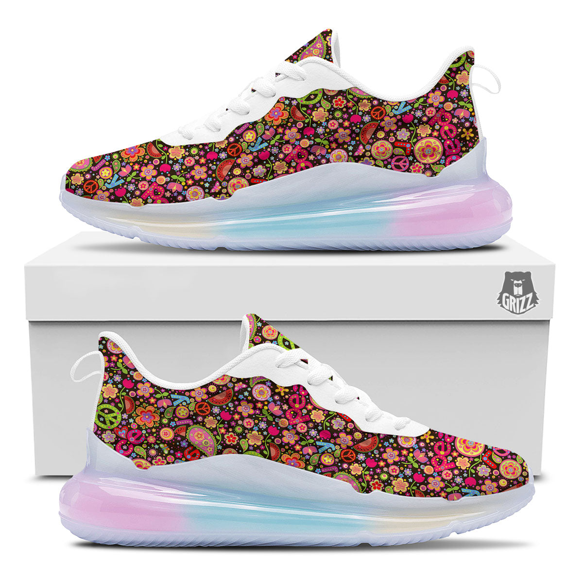 Hippie Sign Peace Flower Print Pattern Running Sneakers-grizzshop