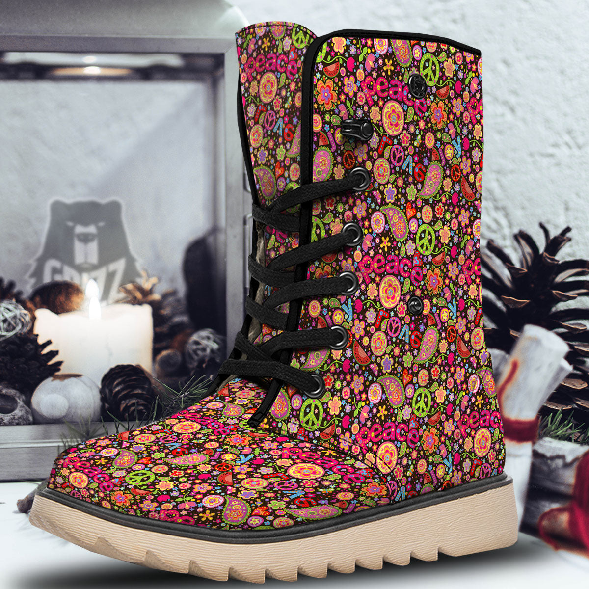 Hippie Sign Peace Flower Print Pattern Snow Boots-grizzshop