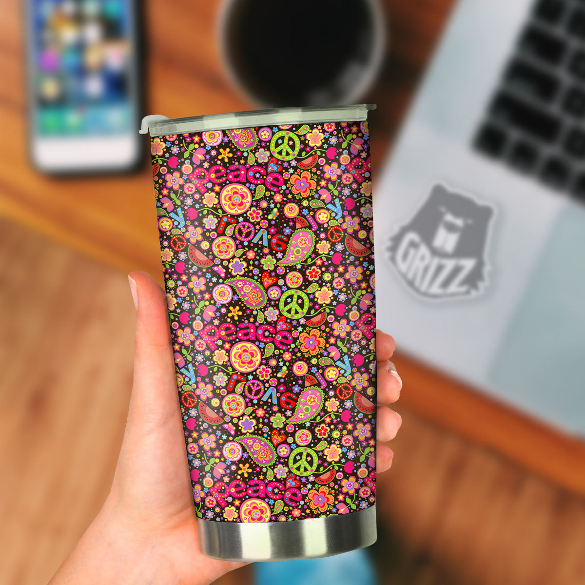 Hippie Sign Peace Flower Print Pattern Tumbler-grizzshop