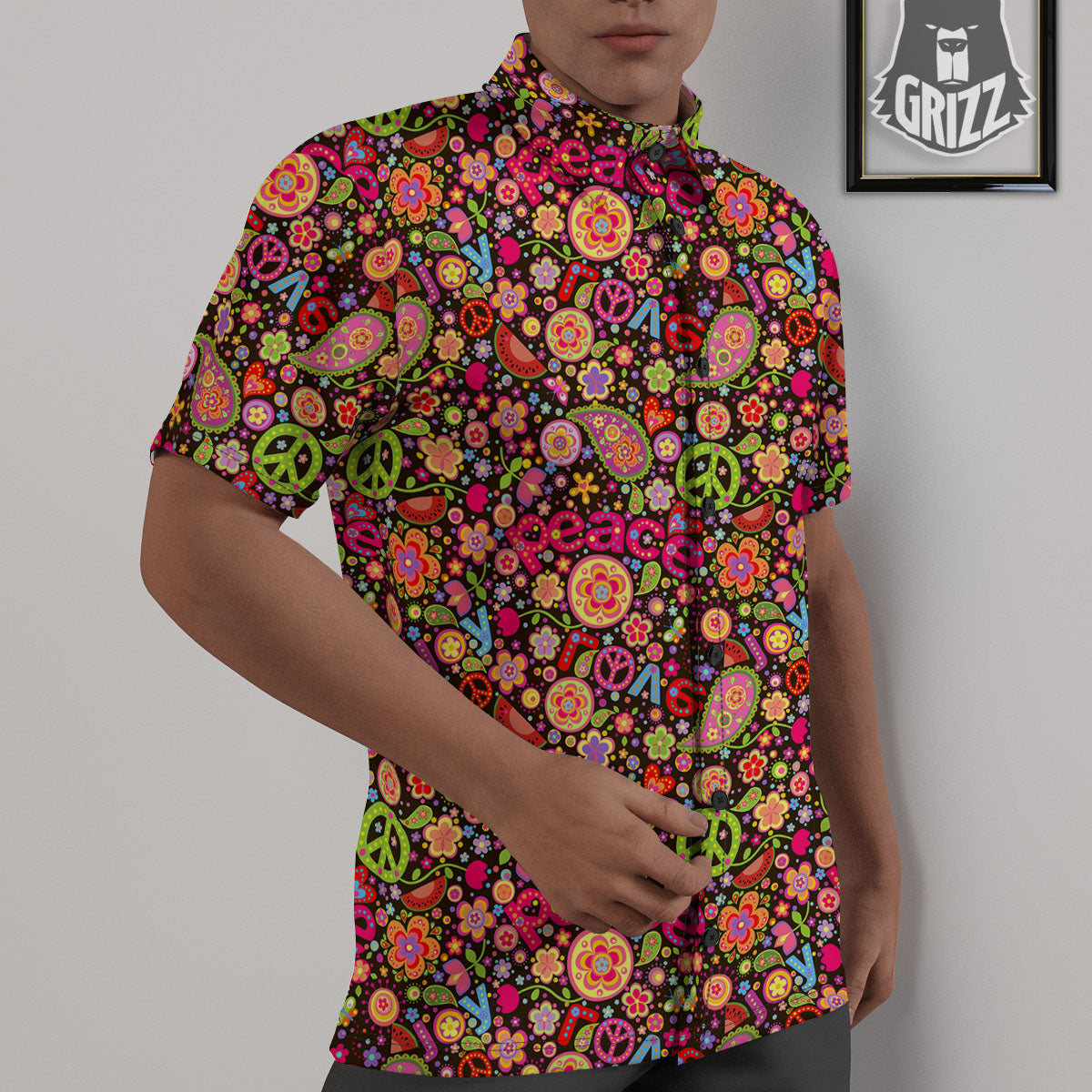 Hippie Sign Peace Flower Print Pattern Untucked Shirts-grizzshop