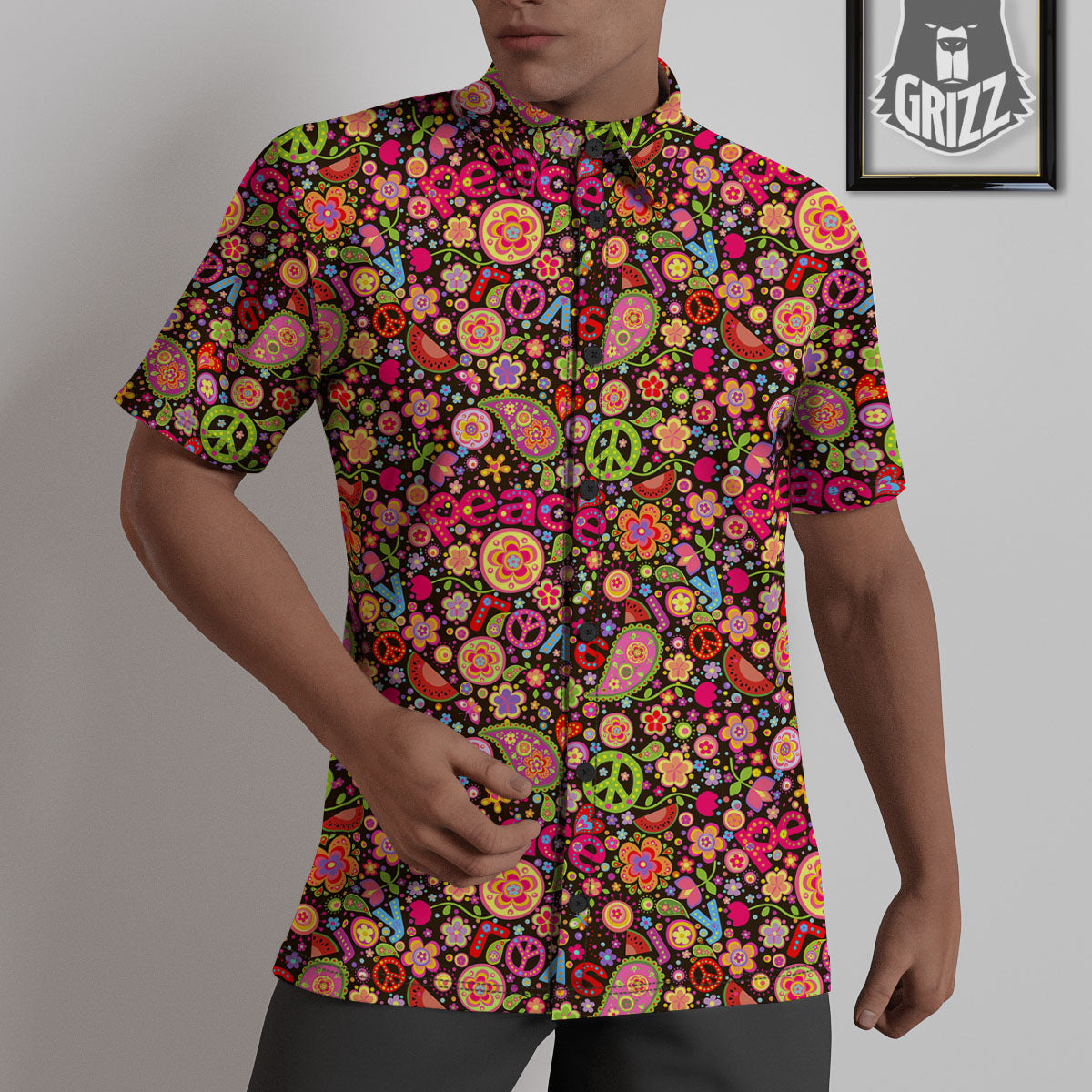 Hippie Sign Peace Flower Print Pattern Untucked Shirts-grizzshop