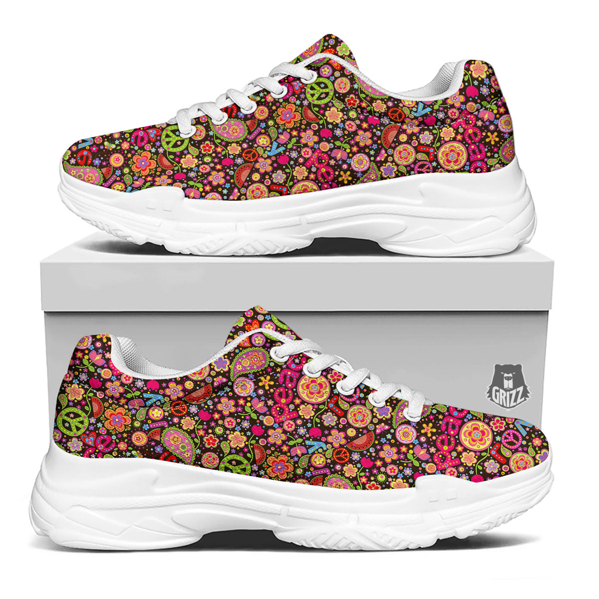 Hippie Sign Peace Flower Print Pattern White Chunky Shoes-grizzshop