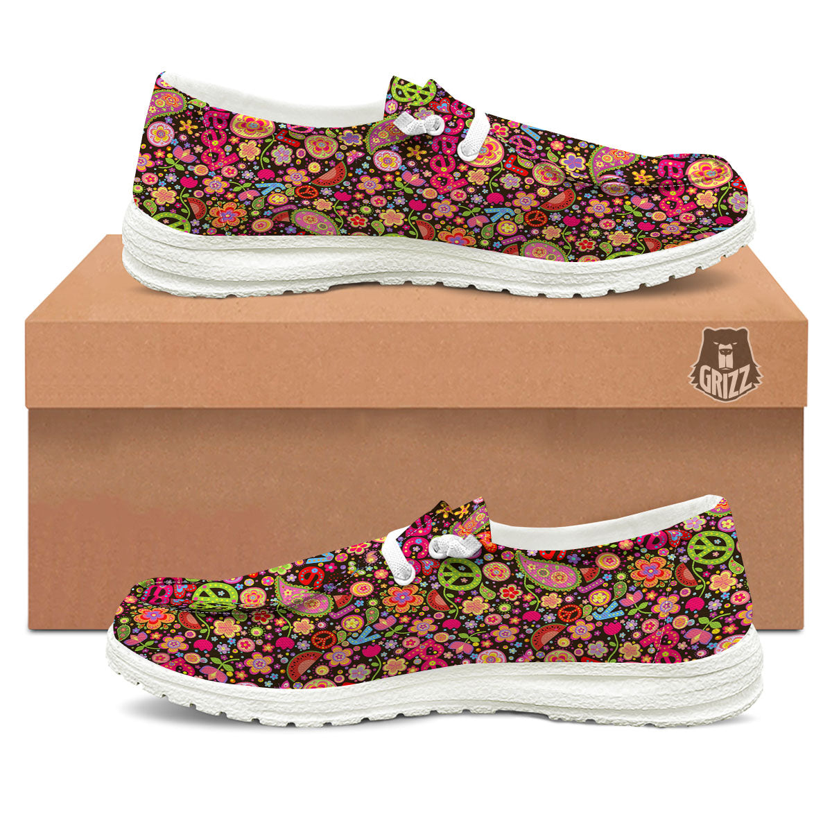 Hippie Sign Peace Flower Print Pattern White Loafers-grizzshop