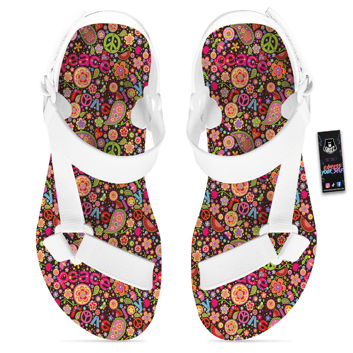 Hippie Sign Peace Flower Print Pattern White Open Toe Sandals-grizzshop