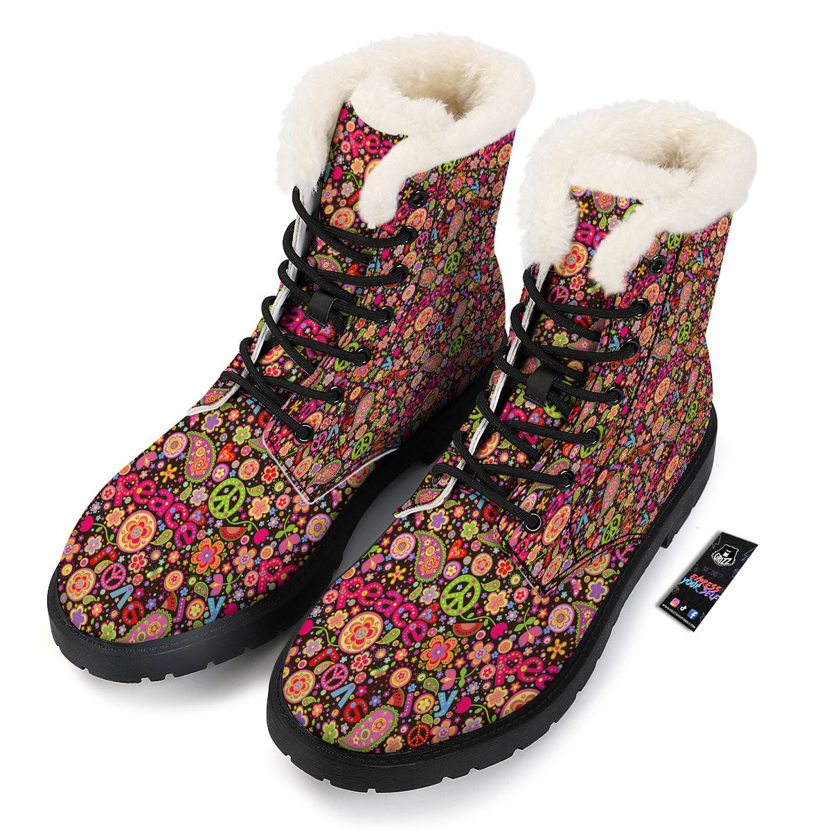 Hippie Sign Peace Flower Print Pattern Winter Boots-grizzshop