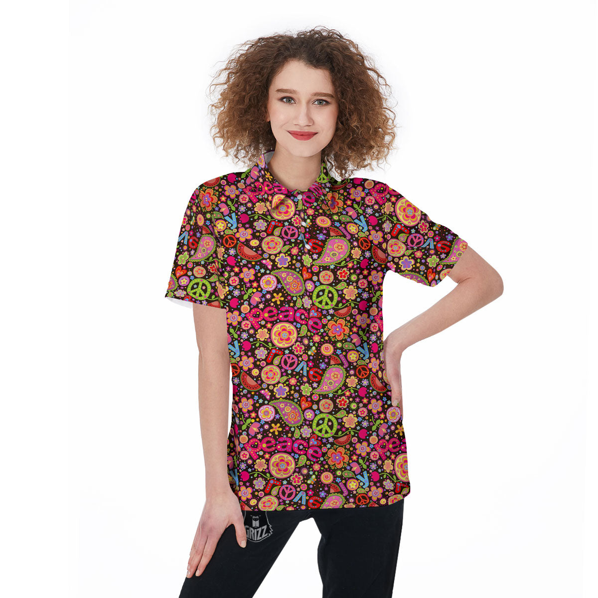 Hippie Sign Peace Flower Print Pattern Women's Golf Shirts-grizzshop