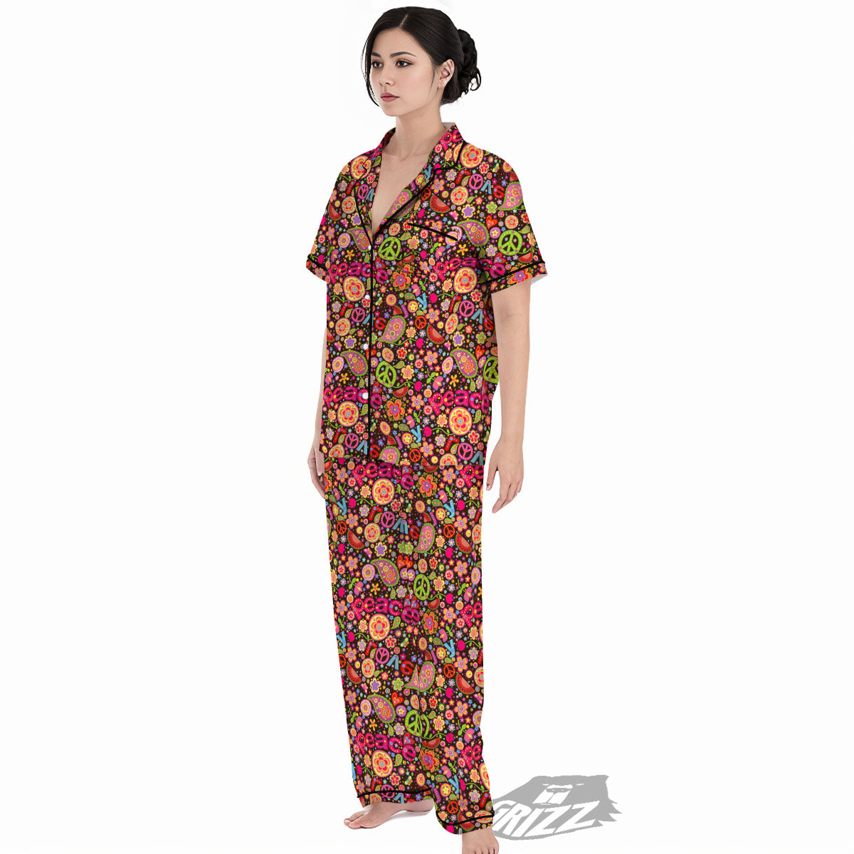 Hippie Sign Peace Flower Print Pattern Women's Pajamas Set-grizzshop