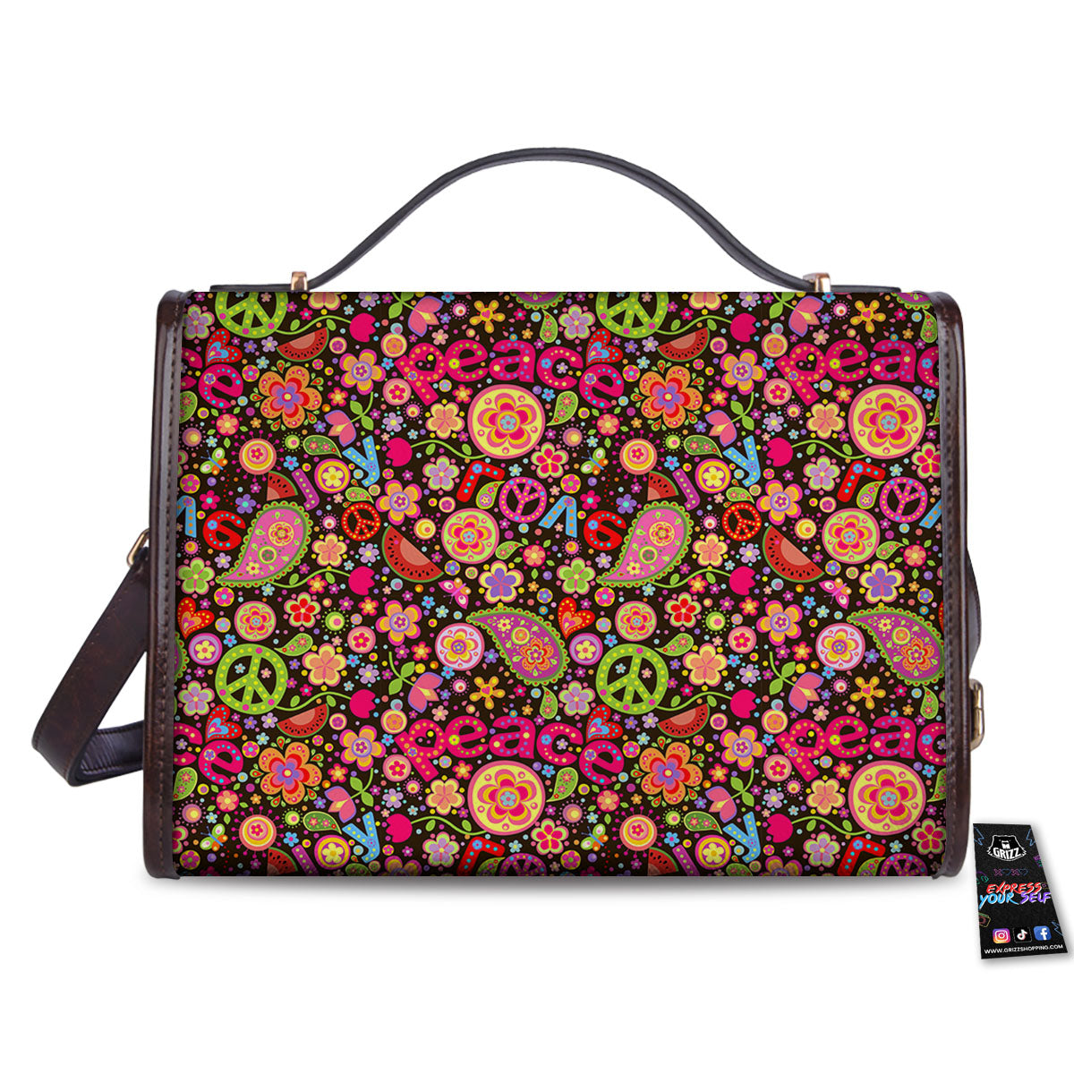 Hippie Sign Peace Flower Print Pattern Women's Satchel Bag-grizzshop