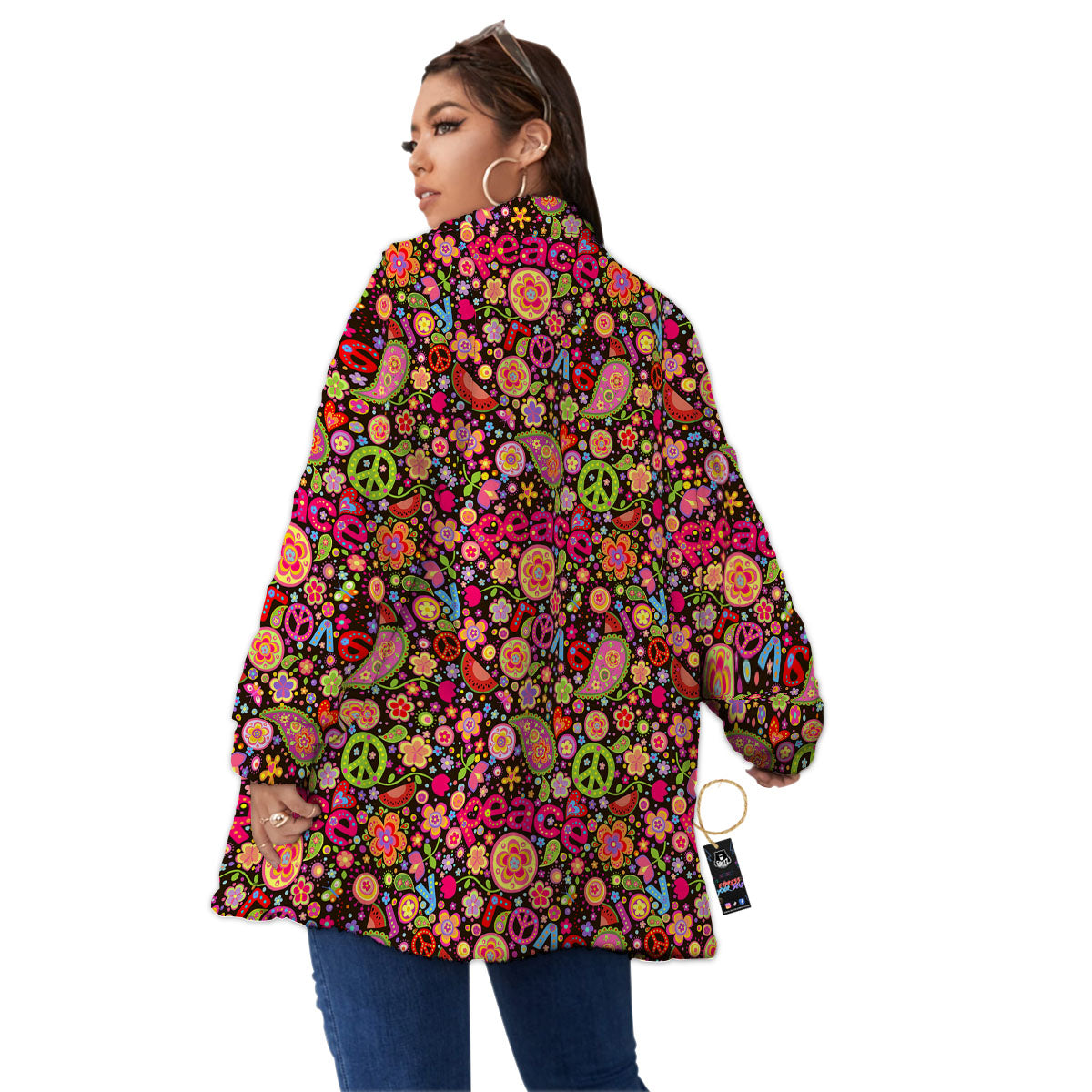 Hippie Sign Peace Flower Print Pattern Women's Sherpa Jacket-grizzshop