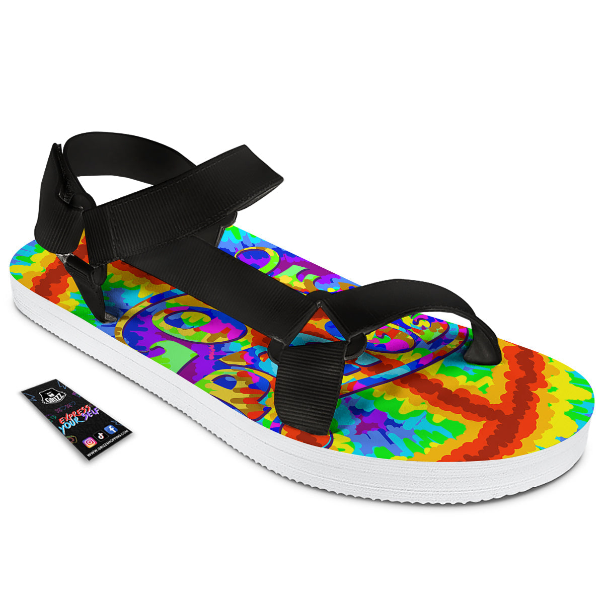 Hippie Symbol Colorful Abstract Print Black Open Toe Sandals-grizzshop