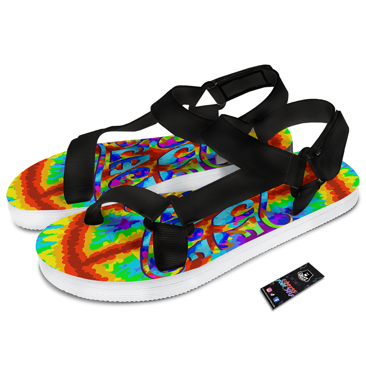 Hippie Symbol Colorful Abstract Print Black Open Toe Sandals-grizzshop