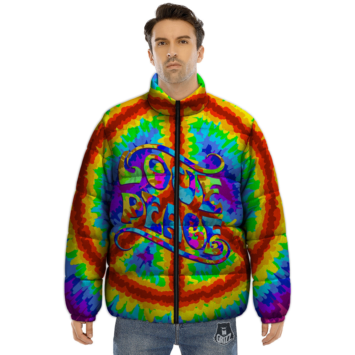 Hippie Symbol Colorful Abstract Print Puffer Jacket-grizzshop