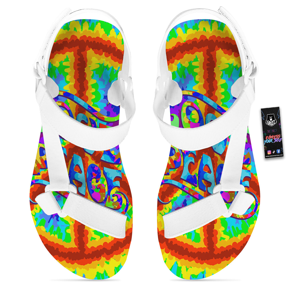 Hippie Symbol Colorful Abstract Print White Open Toe Sandals-grizzshop