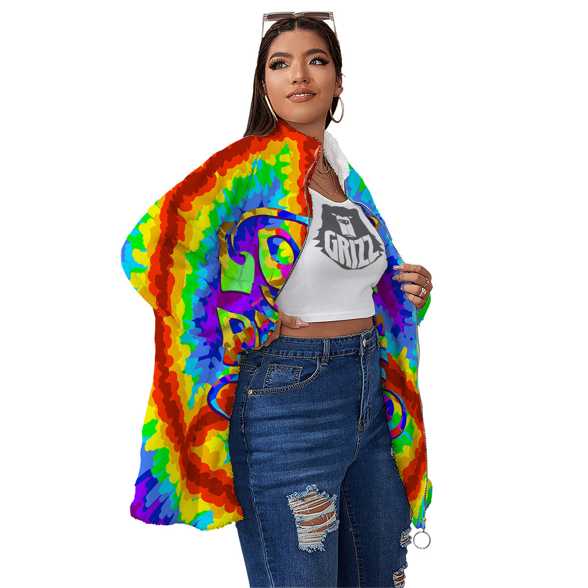 Hippie Symbol Colorful Abstract Print Women's Sherpa Jacket-grizzshop