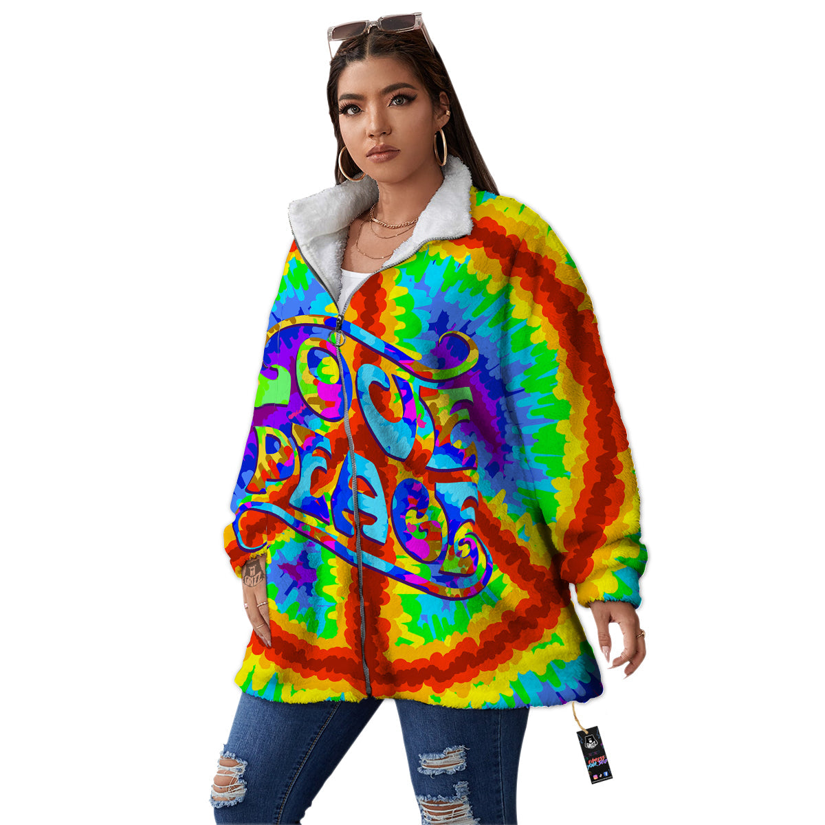 Hippie Symbol Colorful Abstract Print Women's Sherpa Jacket-grizzshop