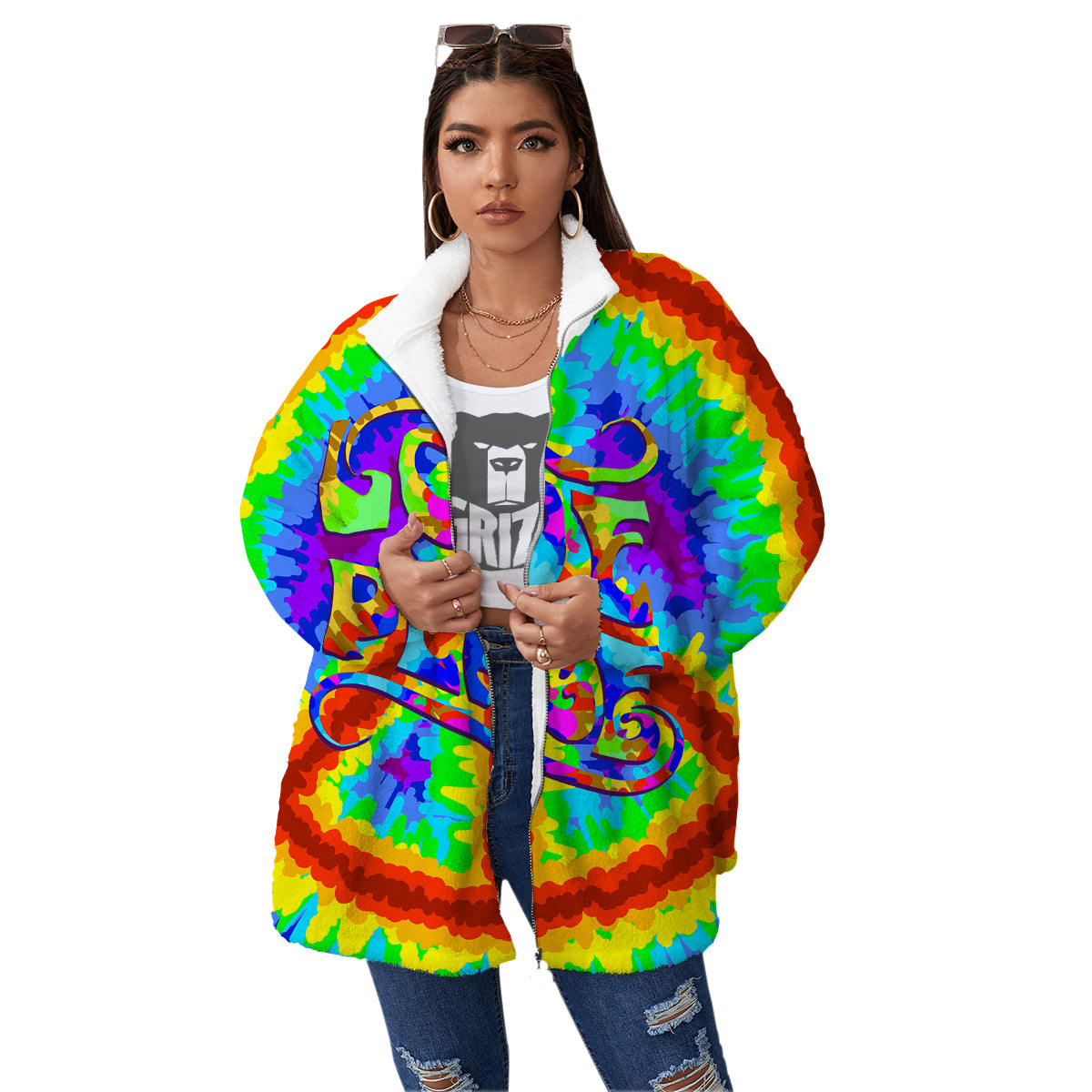 Hippie Symbol Colorful Abstract Print Women's Sherpa Jacket-grizzshop