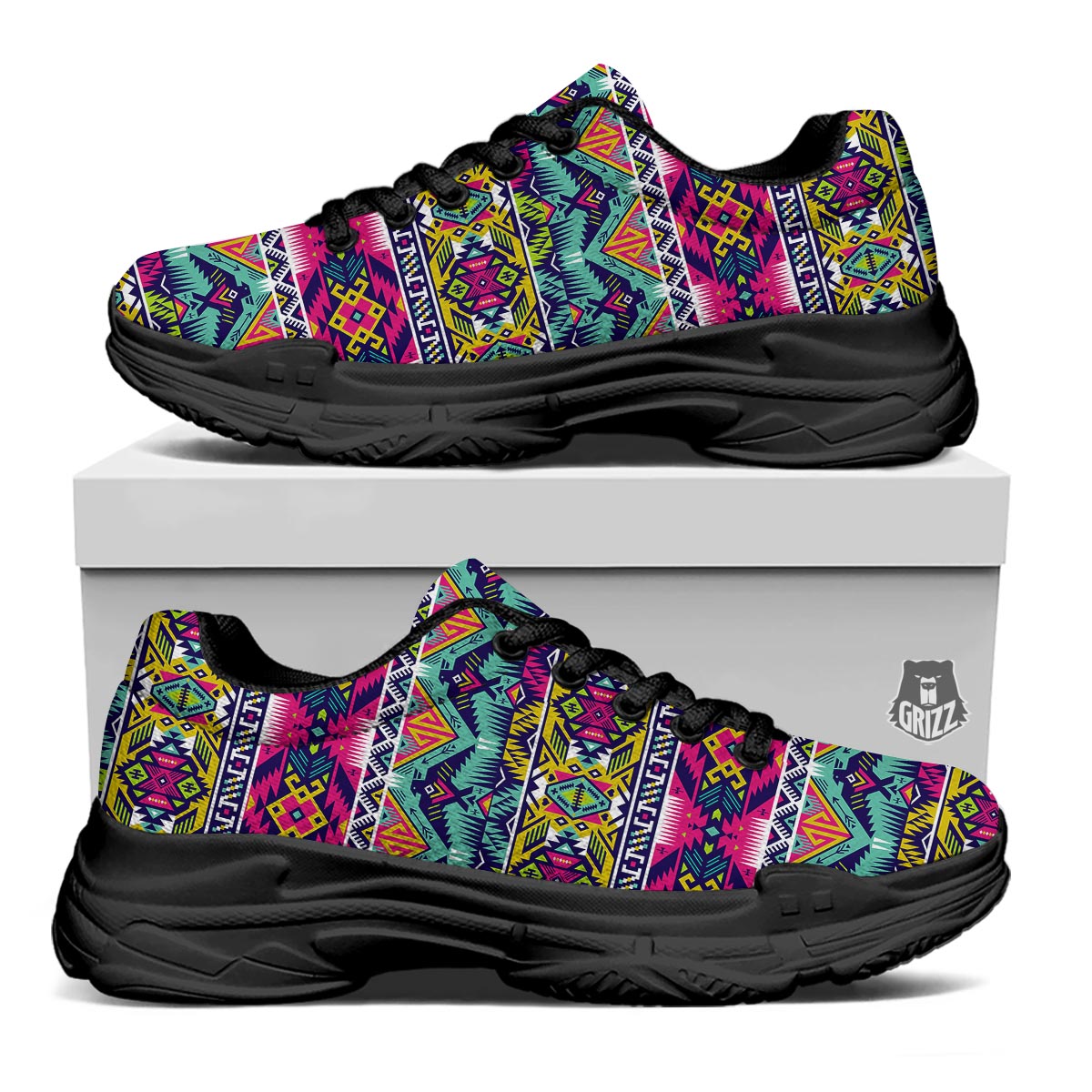 Hippie Tribal Aztec Print Pattern Black Chunky Shoes-grizzshop
