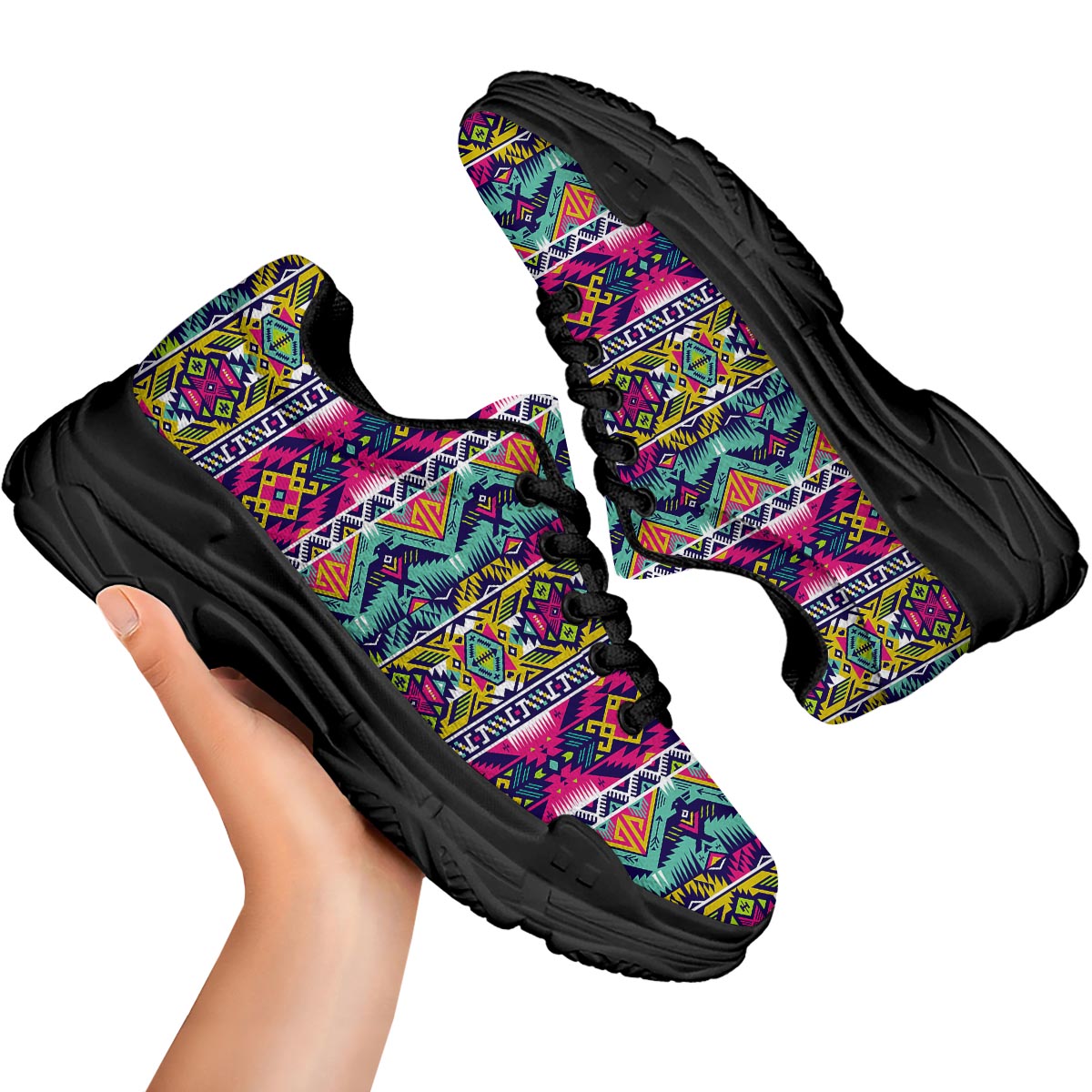 Hippie Tribal Aztec Print Pattern Black Chunky Shoes-grizzshop