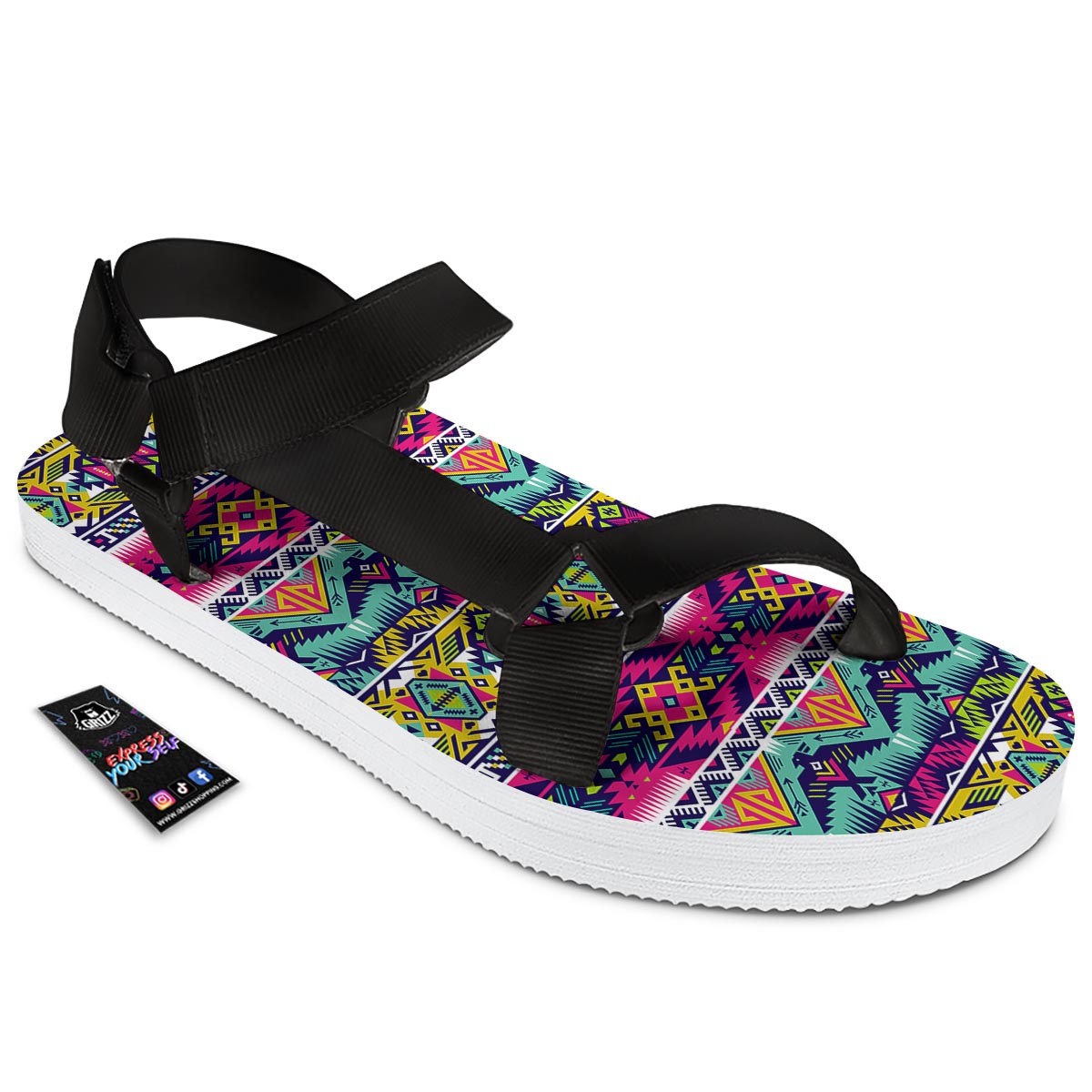 Hippie Tribal Aztec Print Pattern Black Open Toe Sandals-grizzshop
