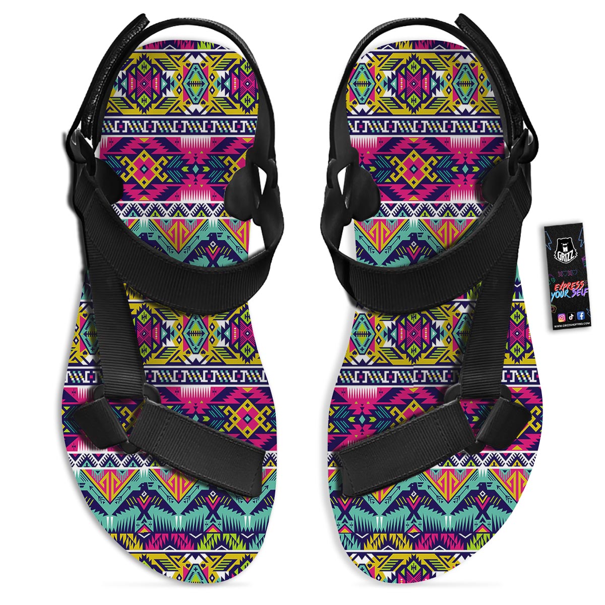 Hippie Tribal Aztec Print Pattern Black Open Toe Sandals-grizzshop