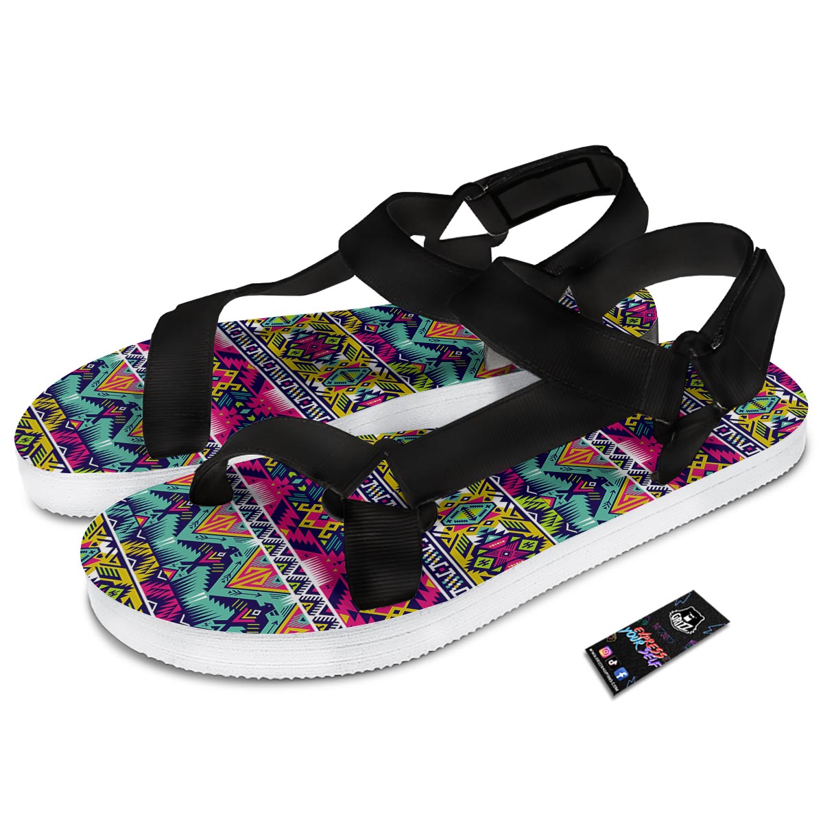 Hippie Tribal Aztec Print Pattern Black Open Toe Sandals-grizzshop