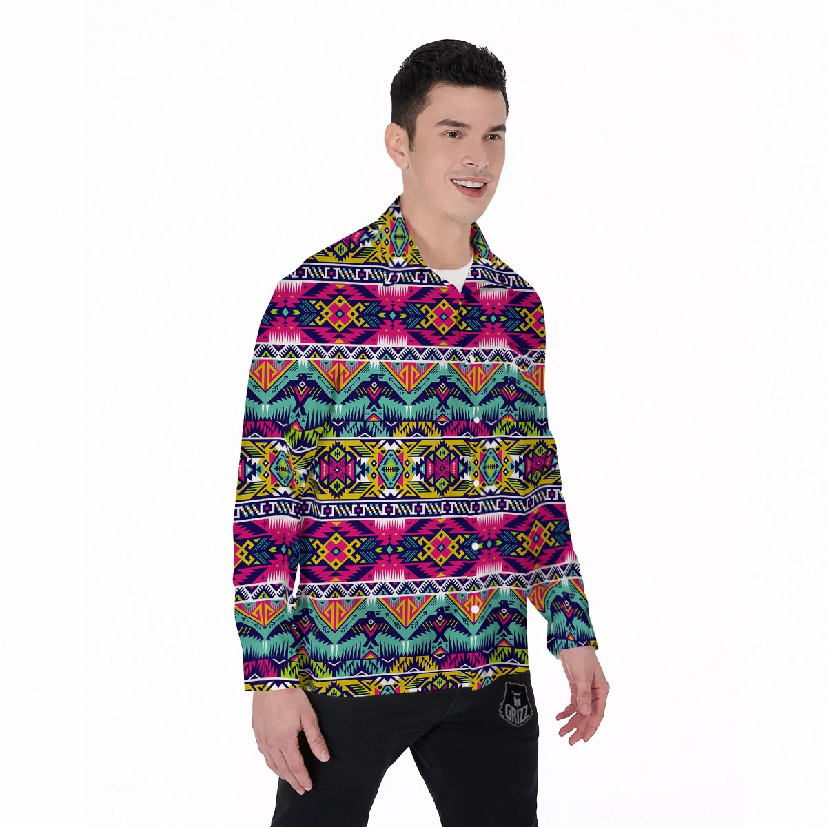 Hippie Tribal Aztec Print Pattern Men's Long Sleeve Shirts-grizzshop