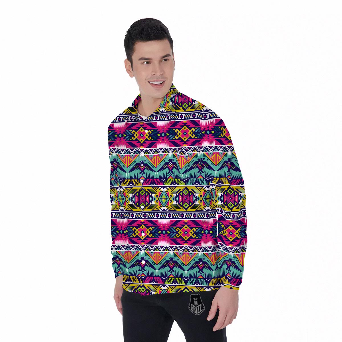Hippie Tribal Aztec Print Pattern Men's Long Sleeve Shirts-grizzshop