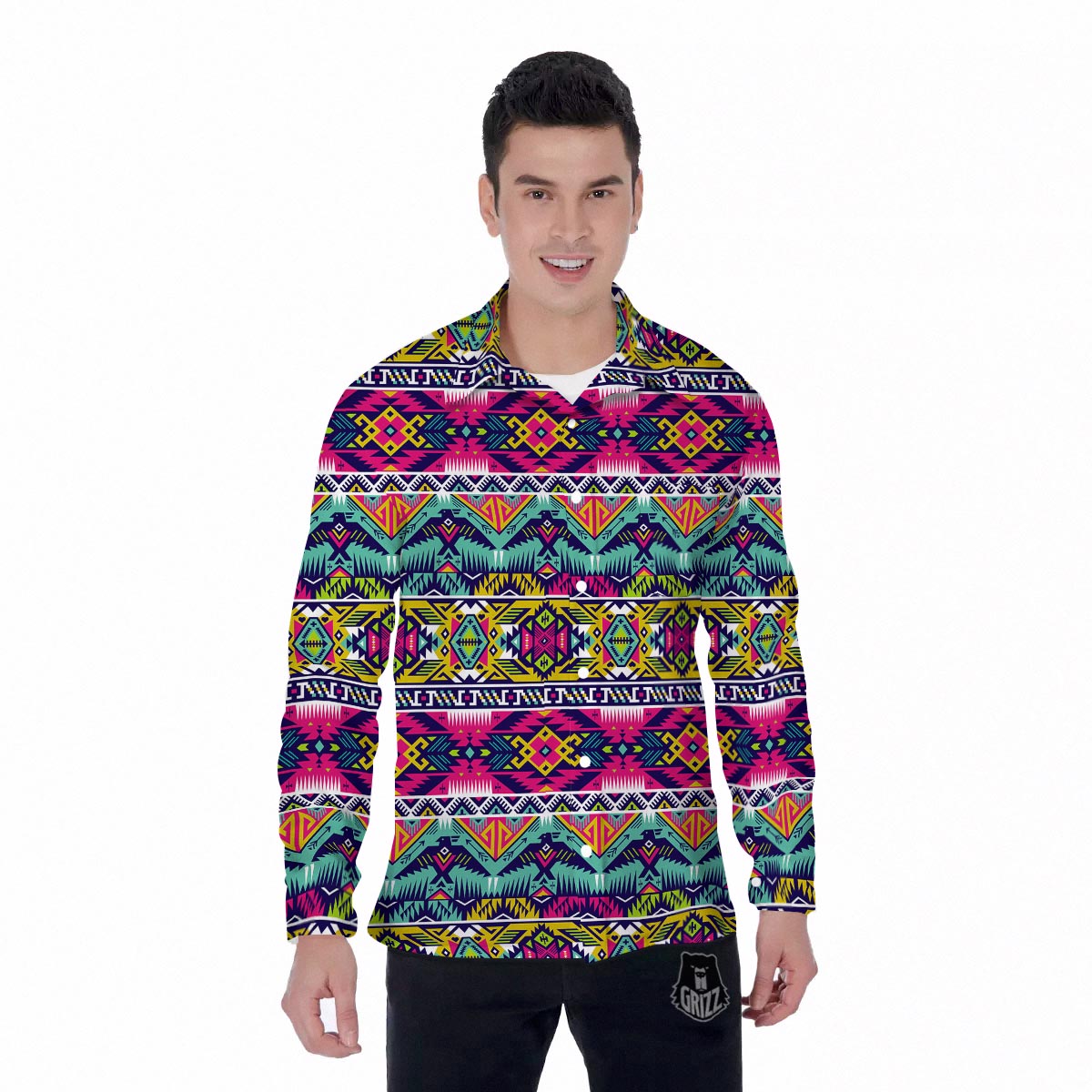 Hippie Tribal Aztec Print Pattern Men's Long Sleeve Shirts-grizzshop