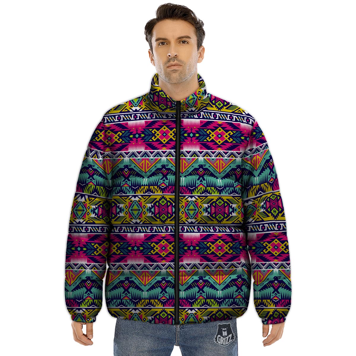 Hippie Tribal Aztec Print Pattern Puffer Jacket-grizzshop