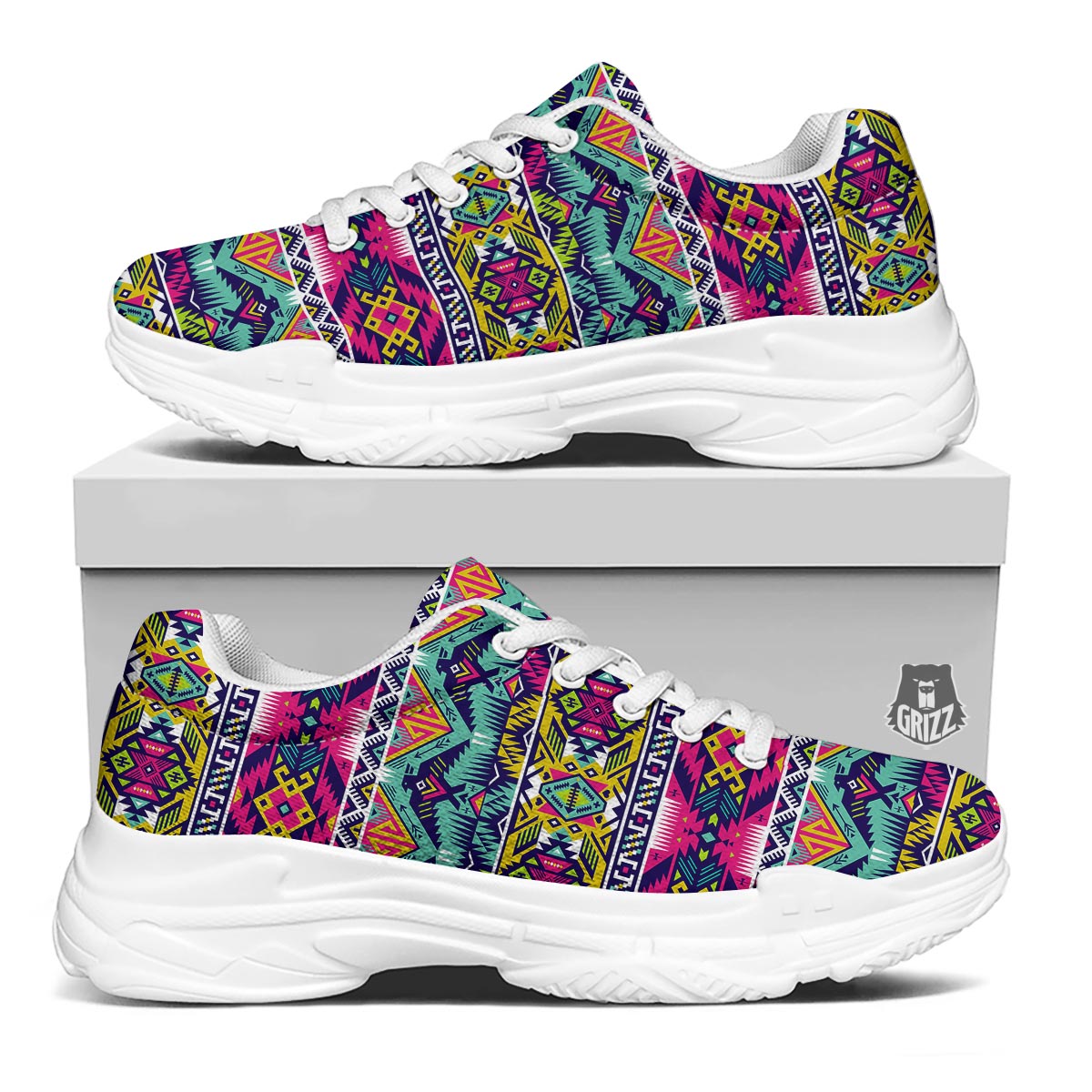 Hippie Tribal Aztec Print Pattern White Chunky Shoes-grizzshop