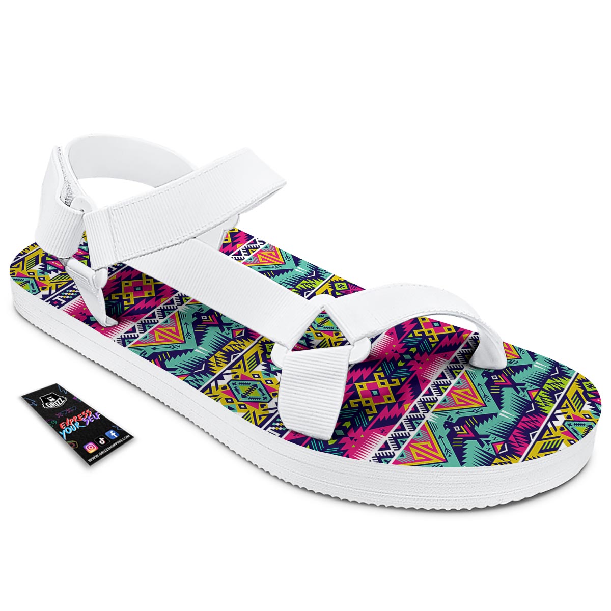 Hippie Tribal Aztec Print Pattern White Open Toe Sandals-grizzshop