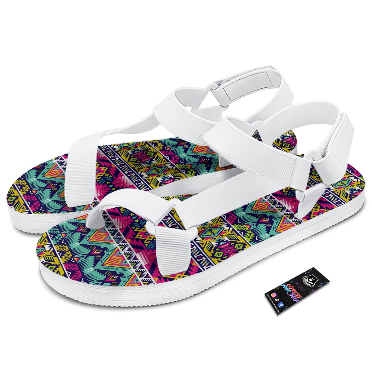Hippie Tribal Aztec Print Pattern White Open Toe Sandals-grizzshop