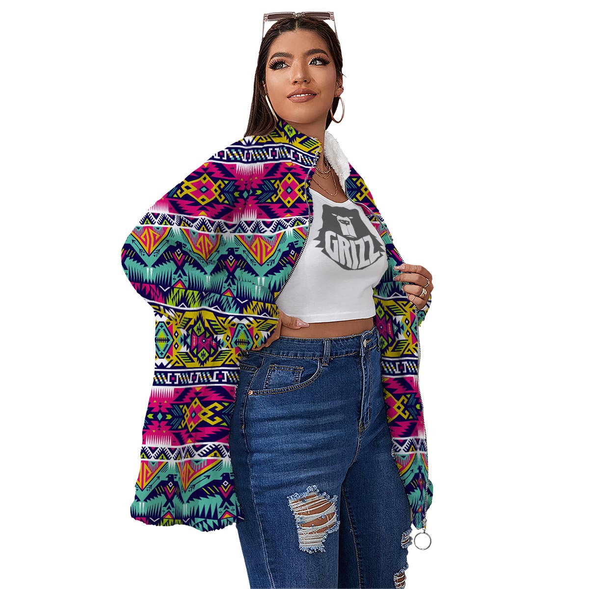 Hippie Tribal Aztec Print Pattern Women's Sherpa Jacket-grizzshop