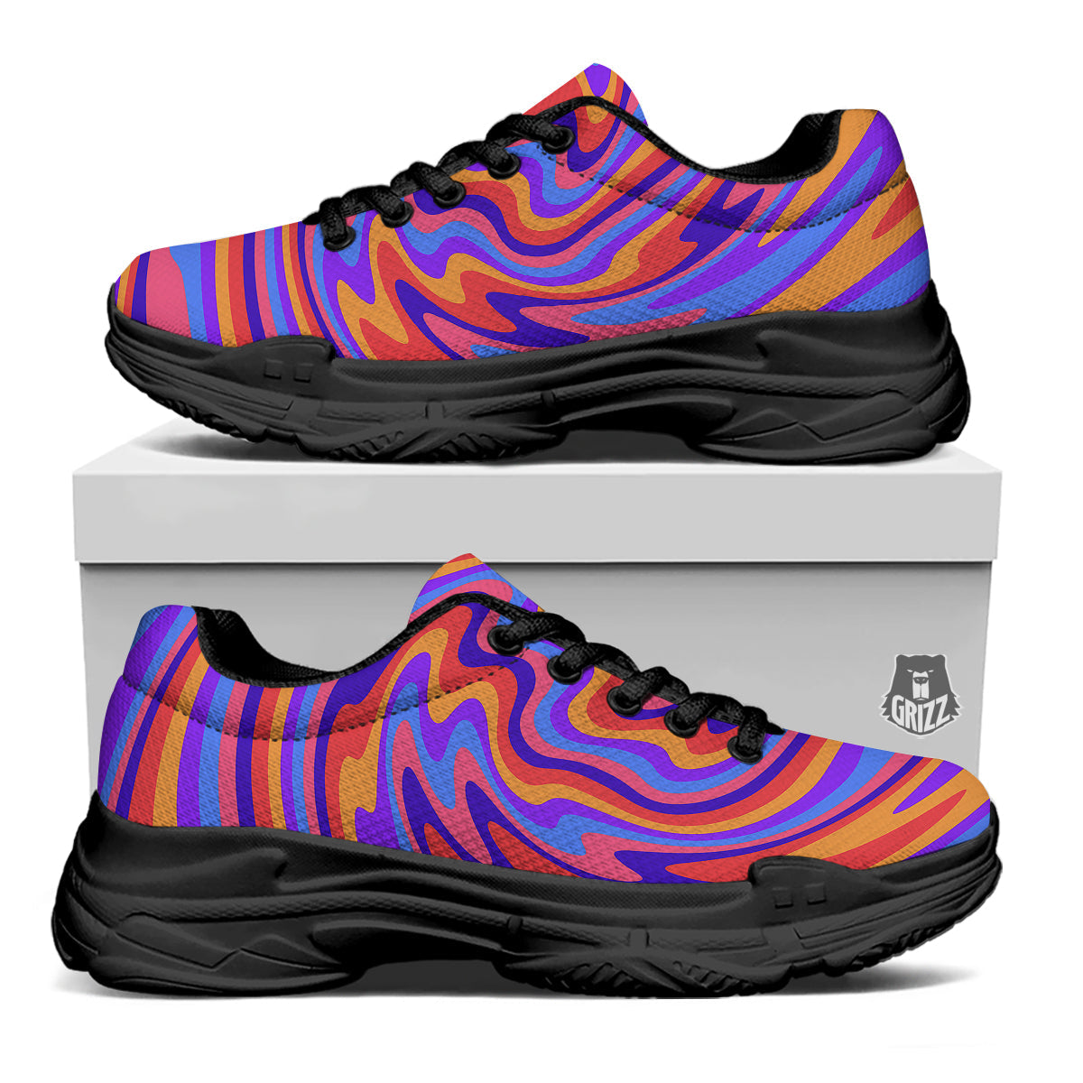 Hippie Trippy Acid Color Print Pattern Black Chunky Shoes-grizzshop
