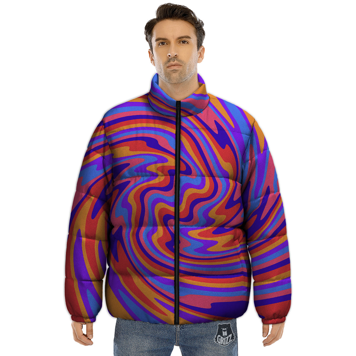 Hippie Trippy Acid Color Print Pattern Puffer Jacket-grizzshop