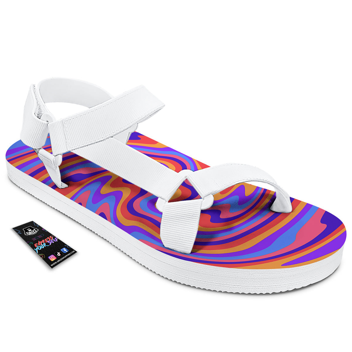 Hippie Trippy Acid Color Print Pattern White Open Toe Sandals-grizzshop