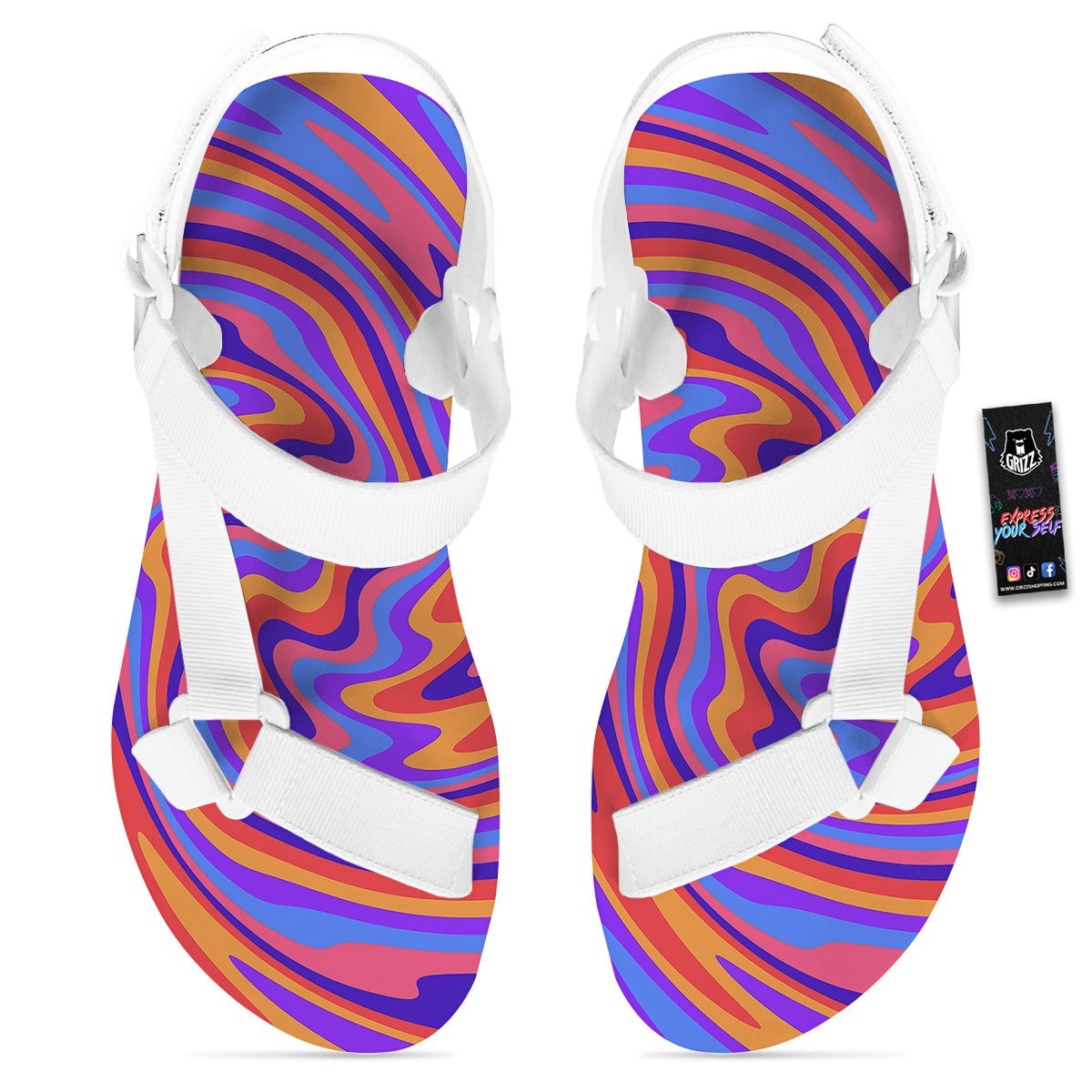 Hippie Trippy Acid Color Print Pattern White Open Toe Sandals-grizzshop